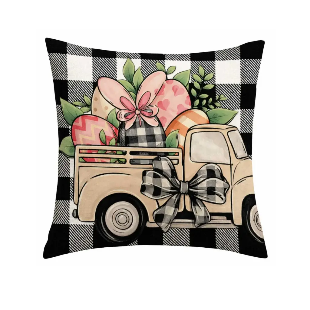 360 HOME EASTER PILLOW CASE 45*45CM BLACK&WHITE PLAID BACKGROUND+VINTAGE TRUCK BEIGE
