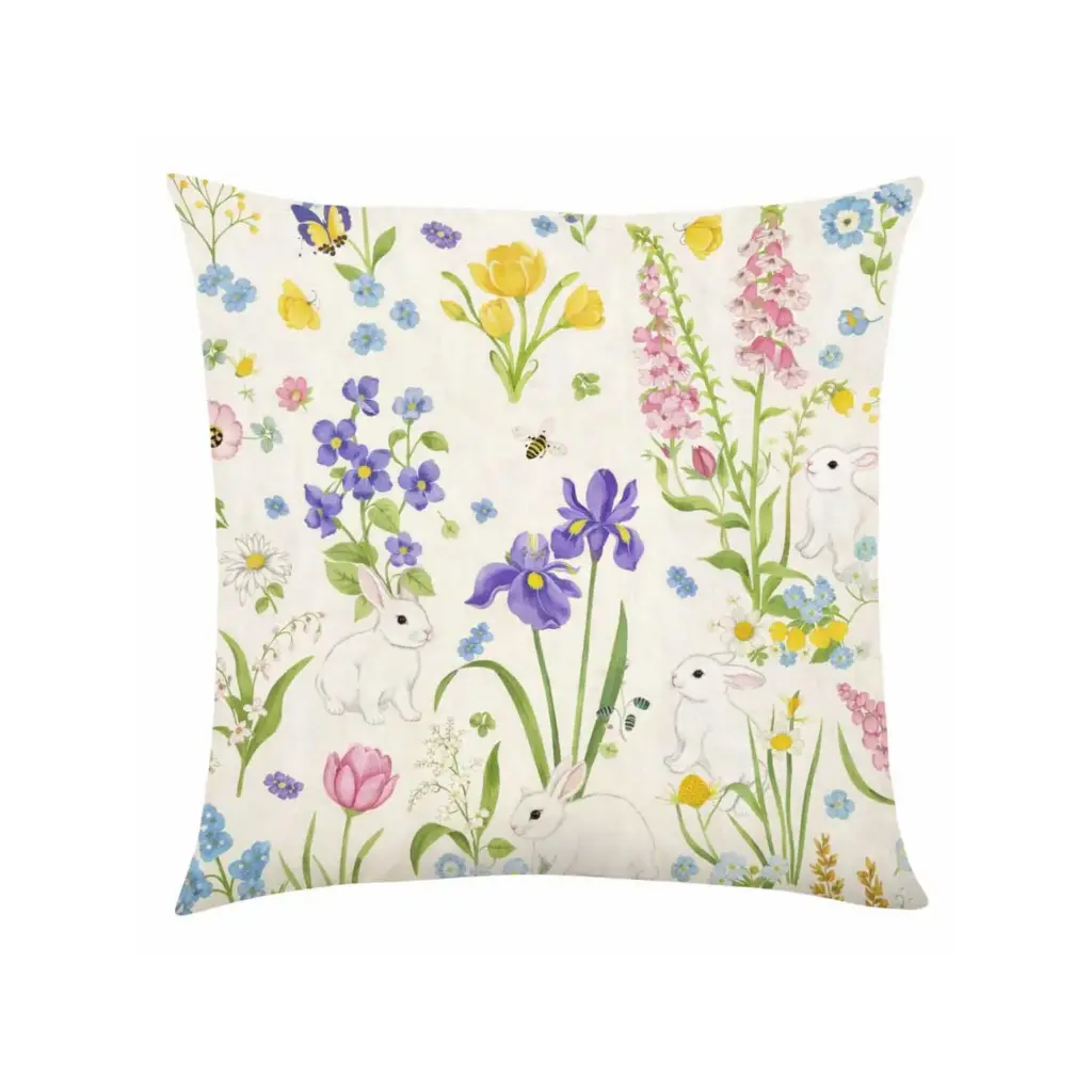 360 HOME EASTER PILLOW CASE 45*45CM OFF-WHITE BACKGROUND+COLORFUL SPRING FLOWERS