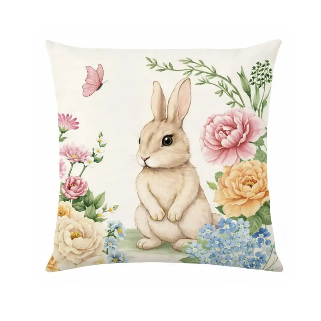360 HOME EASTER PILLOW CASE 45*45CM OFF-WHITE BACKGROUND RABBIT+COLORFUL FLOWERS