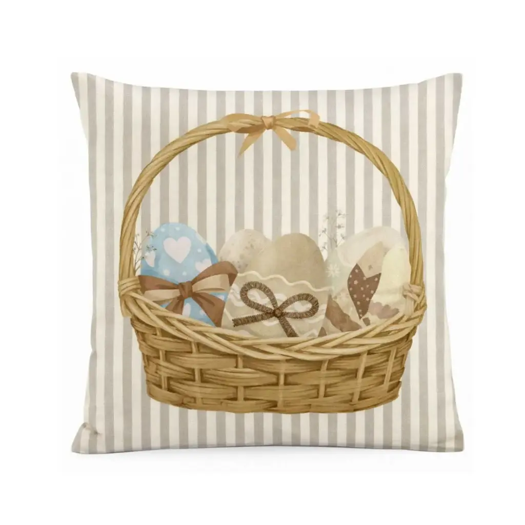 360 HOME EASTER PILLOW CASE 45*45CM BEIGE&WHITE VERTICAL BACKGROUND+BASKET IN THE MIDDLE