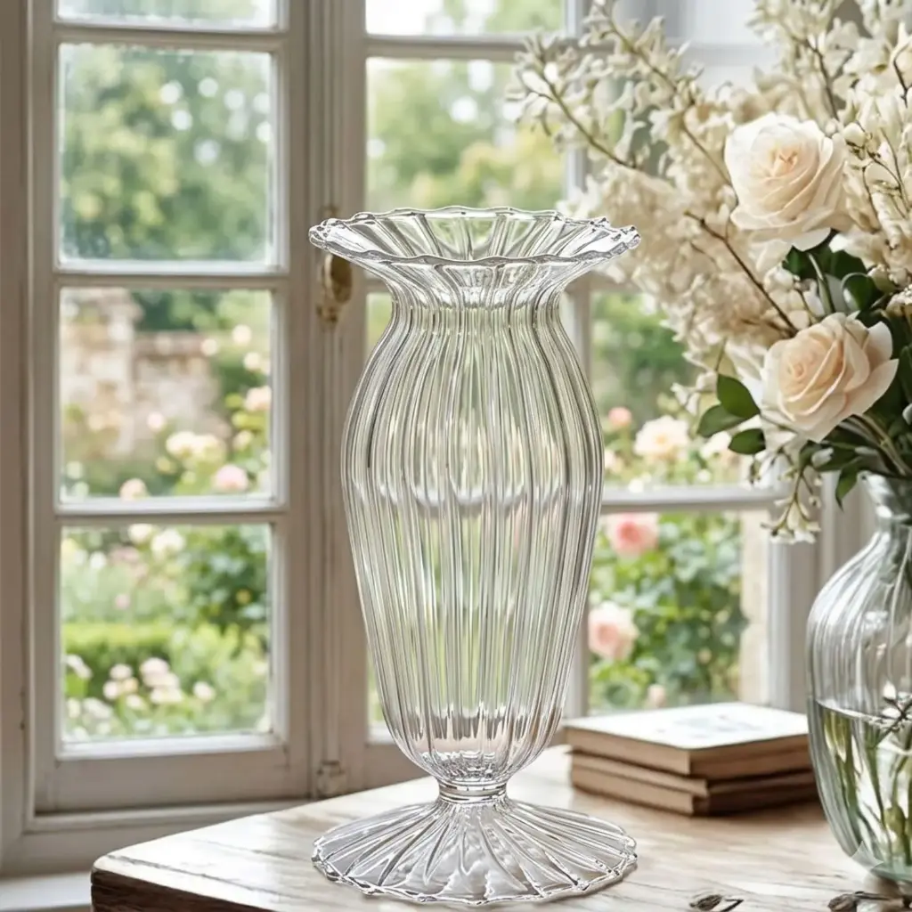 360 HOME VASE GLASS 8*15.5CM CLEAR STRIPPED
