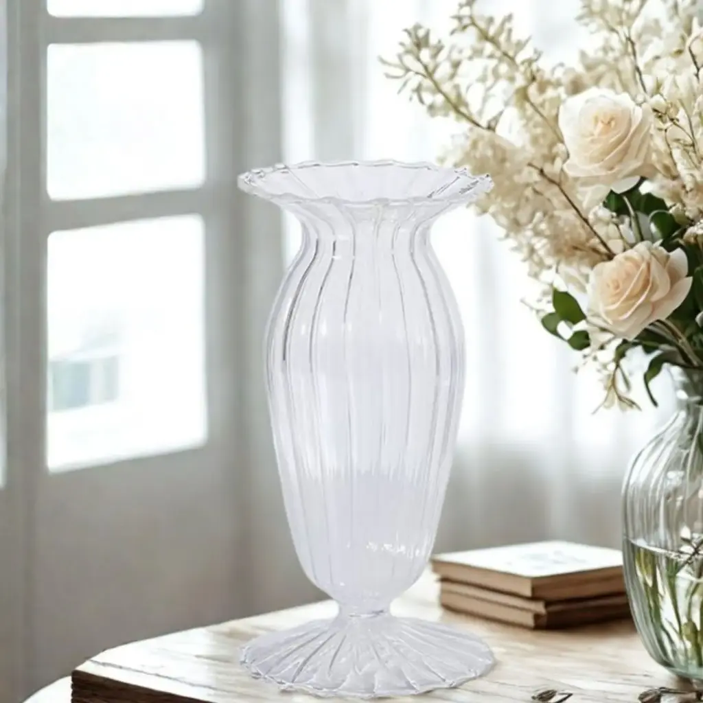 360 HOME VASE GLASS 8*15.5CM CLEAR STRIPPED