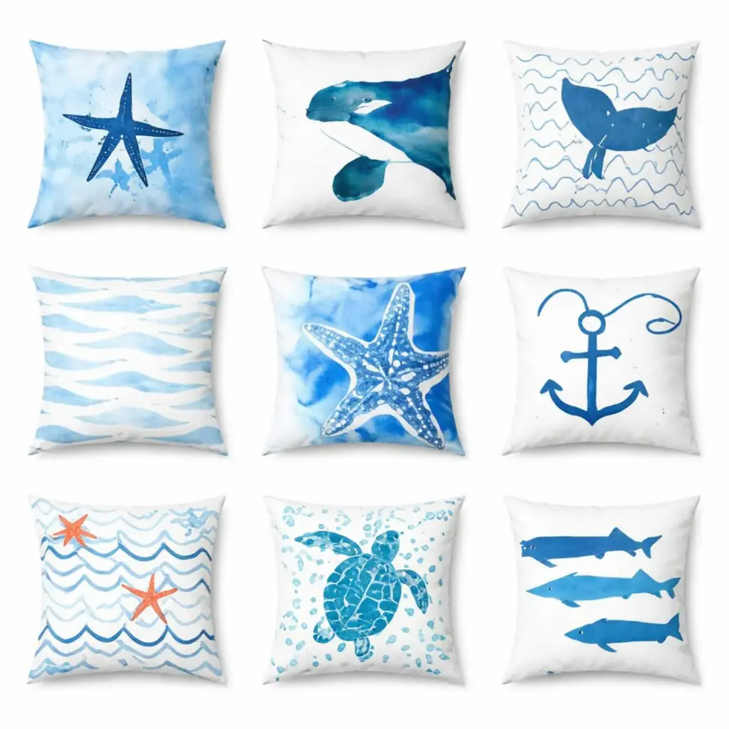 360 HOME PILLOW COVERS 45*45 LUE & WHITE OCEAN PATTERN