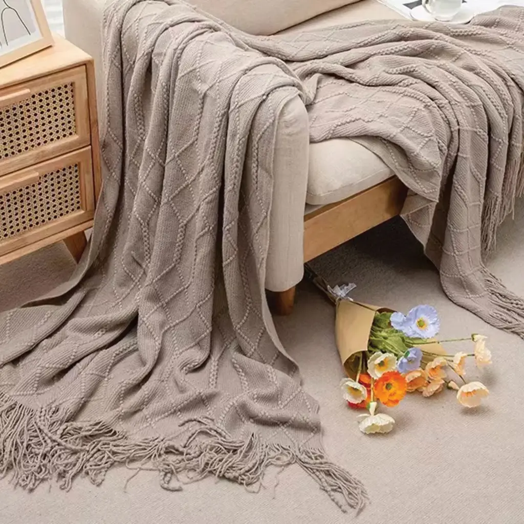 360 HOME THROW BLANKET WITH FRINGES 130*180 GREY KNITTED PATTERN
