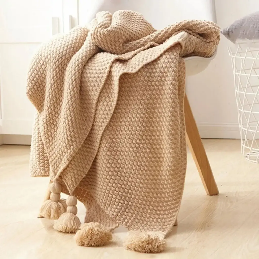 360 HOME THROW BLANKET WITH TASSLE FRINGES 130*170 KAKI KNITTED PATTERN