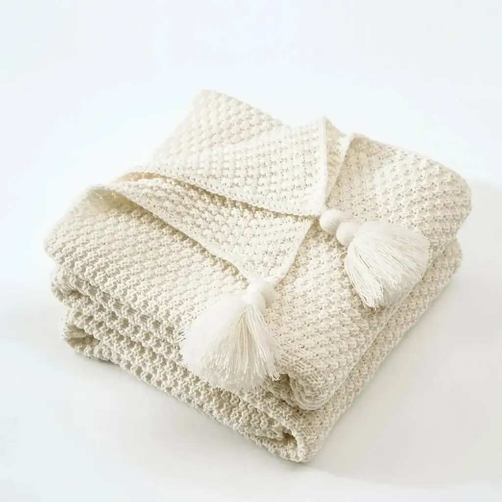 360 HOME THROW BLANKET WITH TASSLE FRINGES 130*170 WHITE KNITTED PATTERN