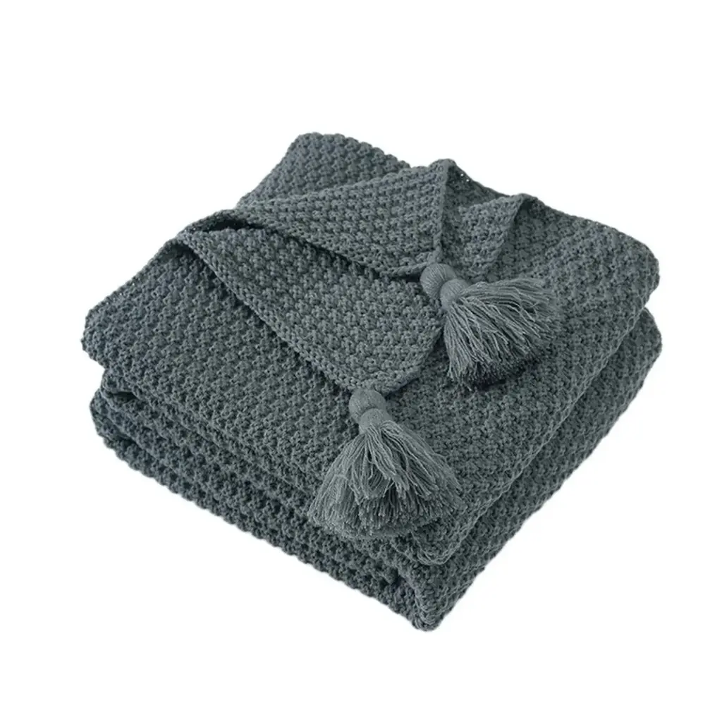360 HOME THROW BLANKET WITH TASSLE FRINGES 130*170 DARK GREY KNITTED PATTERN