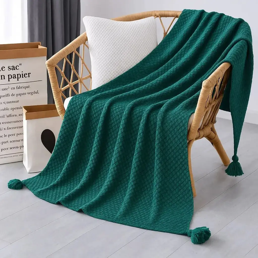 360 HOME THROW BLANKET WITH TASSLE FRINGES 130*170 EMERALD GREEN KNITTED PATTERN