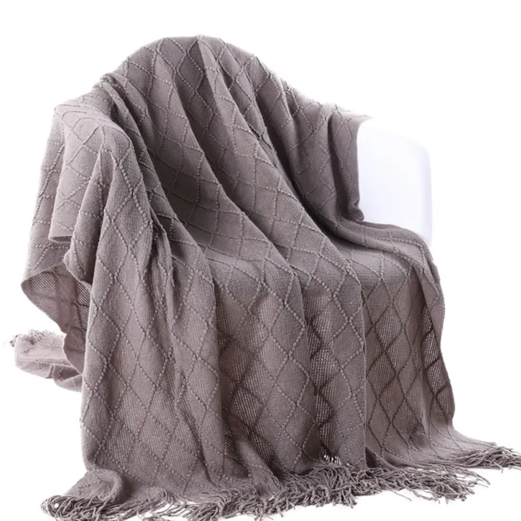 360 HOME THROW BLANKET WITH POM POM EDGES 130*160 DARK GREY KNITTED PATTERN