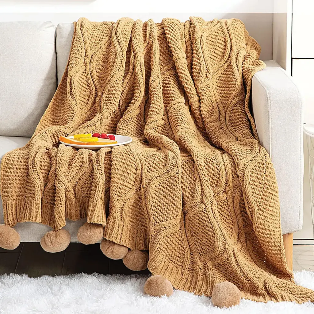 360 HOME THROW BLANKET WITH FRINGES 130*180 BROWN KNITTED PATTERN