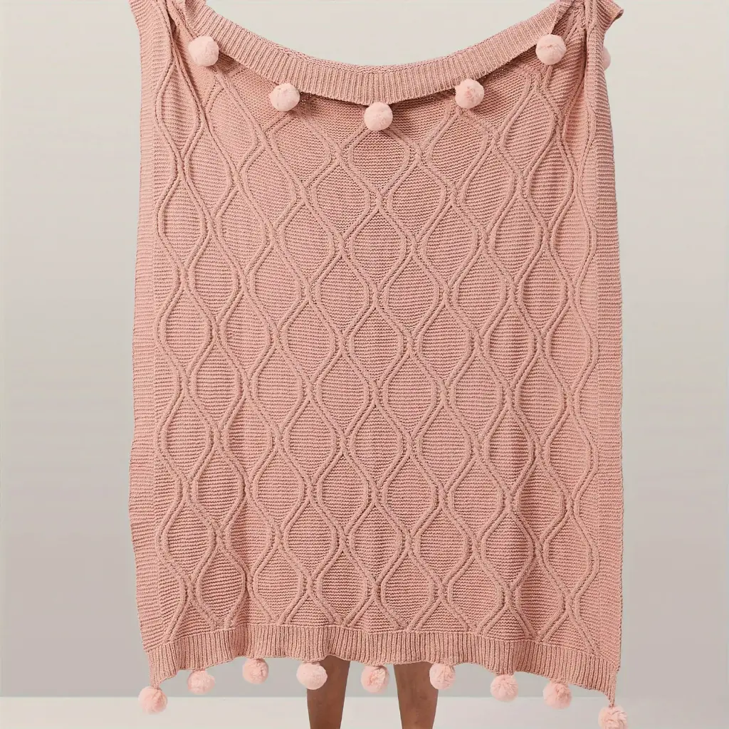 360 HOME THROW BLANKET WITH FRINGES 130*180 PINK KNITTED PATTERN