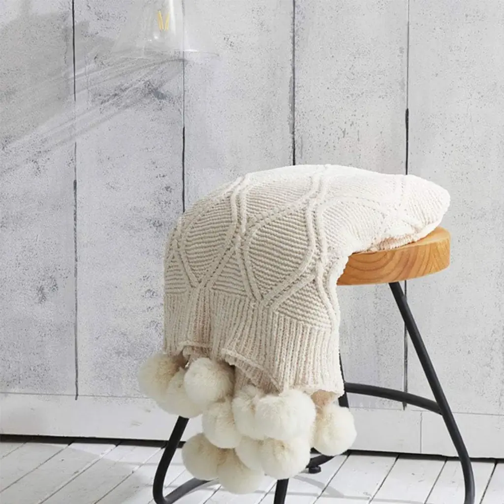 360 HOME THROW BLANKET WITH FRINGES 130*180 WHITE KNITTED PATTERN