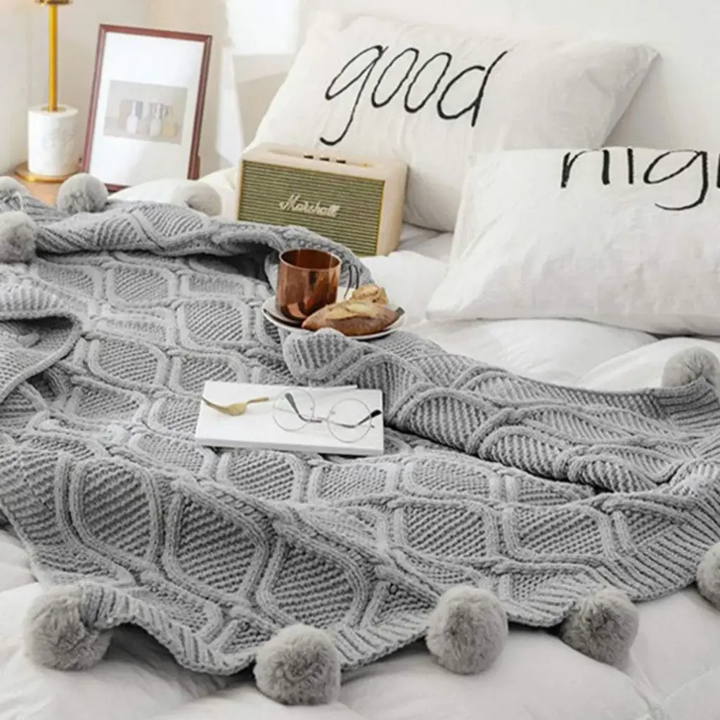 360 HOME THROW BLANKET WITH FRINGES 130*180 GREY KNITTED PATTERN