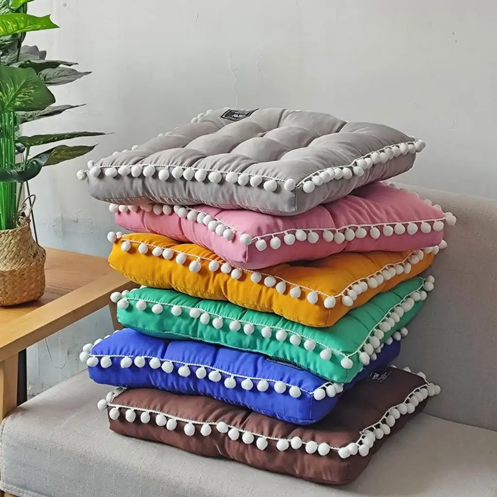 360 HOME CUSHION  40*40*9cm GREY,PINK,YELLOW, GREEN,BLUE PLUSH BALLS ON BORDERS