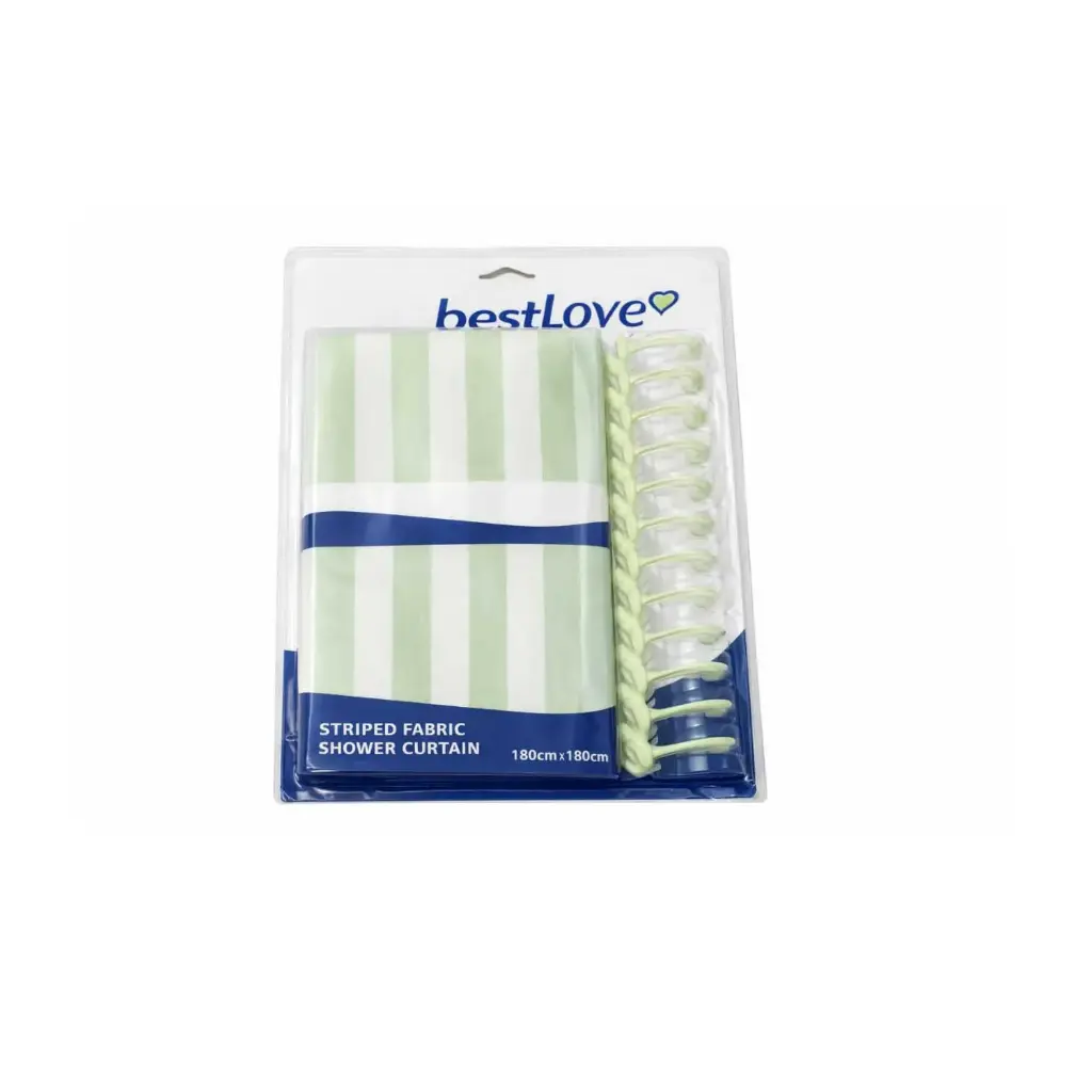 360 HOME SHOWER CURTAINS WITH HOOKS 180x180 LIGHT GREEN STRIPES