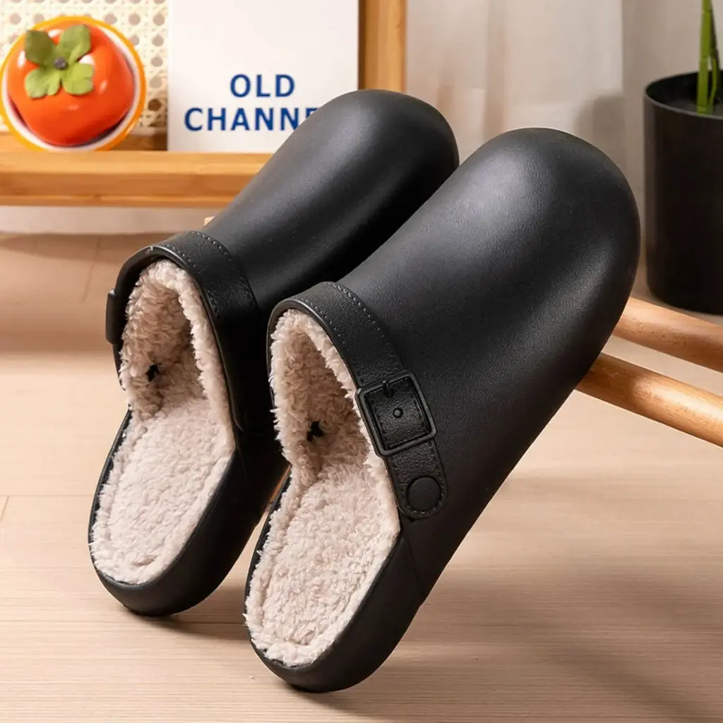360 COTTON SLIPPERS CLOG RUBBER 40-41(39-40) BLACK CREAM FLEECE LINING INSIDE