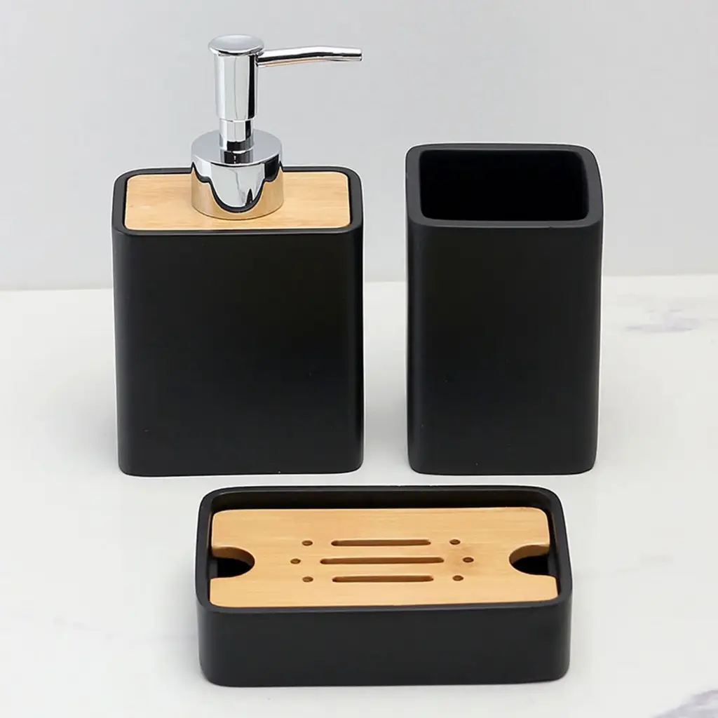 360 HOME BROWN BOX RESINE 3PCS SET SOAP DISH LOTION BOTTLE MOUTH CUP