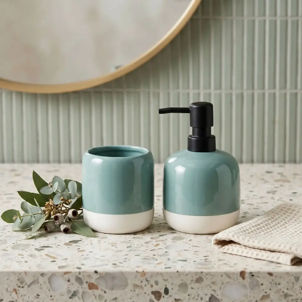 360 HOME CERAMIC 2PCS SET LOTION BOTTLE MOUTH CUP MINT