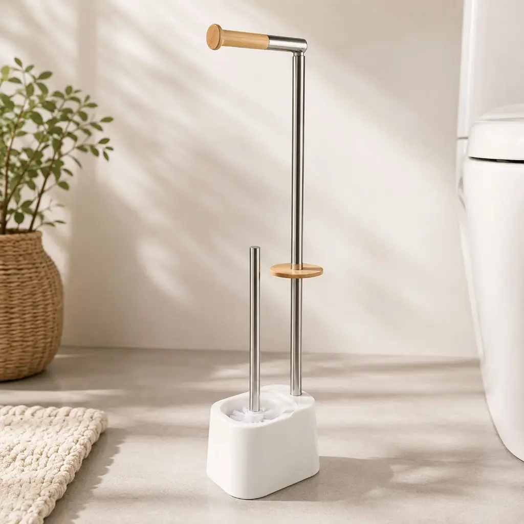 360 HOME FLOOR STANDING TOILET BRUSH HOLDER 16.5x12.5x67cm,846,430STAINLESS STEEL+BAMBOO