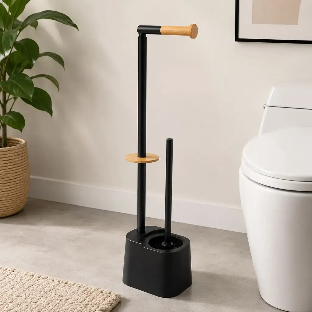 360 HOME FLOOR STANDING TOILET BRUSH HOLDER 16.5x12.5x67cm,846,430 STAINLESS STEEL+BAMBOO