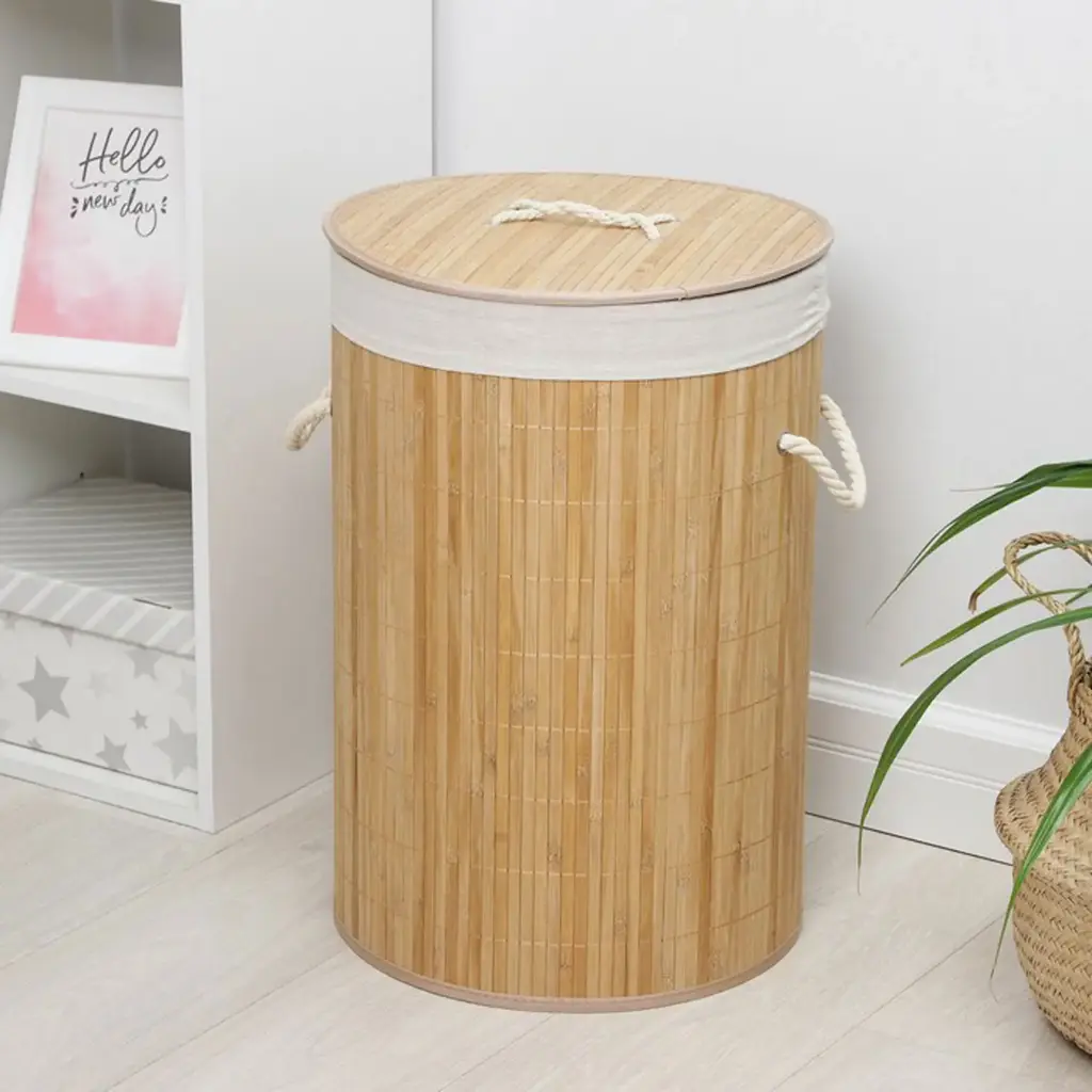 360 HOME STORAGE BASKET CYLINDRICAL  NATURAL BAMBOO WITH LID Dia:34*57cm，1.3kg