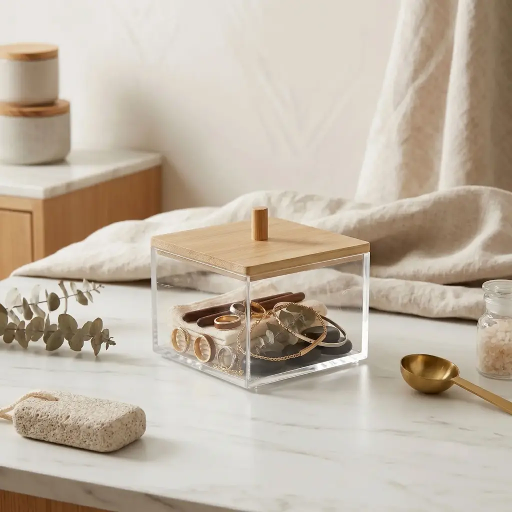 360 HOME STORAGE COSMETIC STORAGE SMALL FLAT POLYSTERINE+LID BAMBOO：9.65*9.65*6.55，146g
