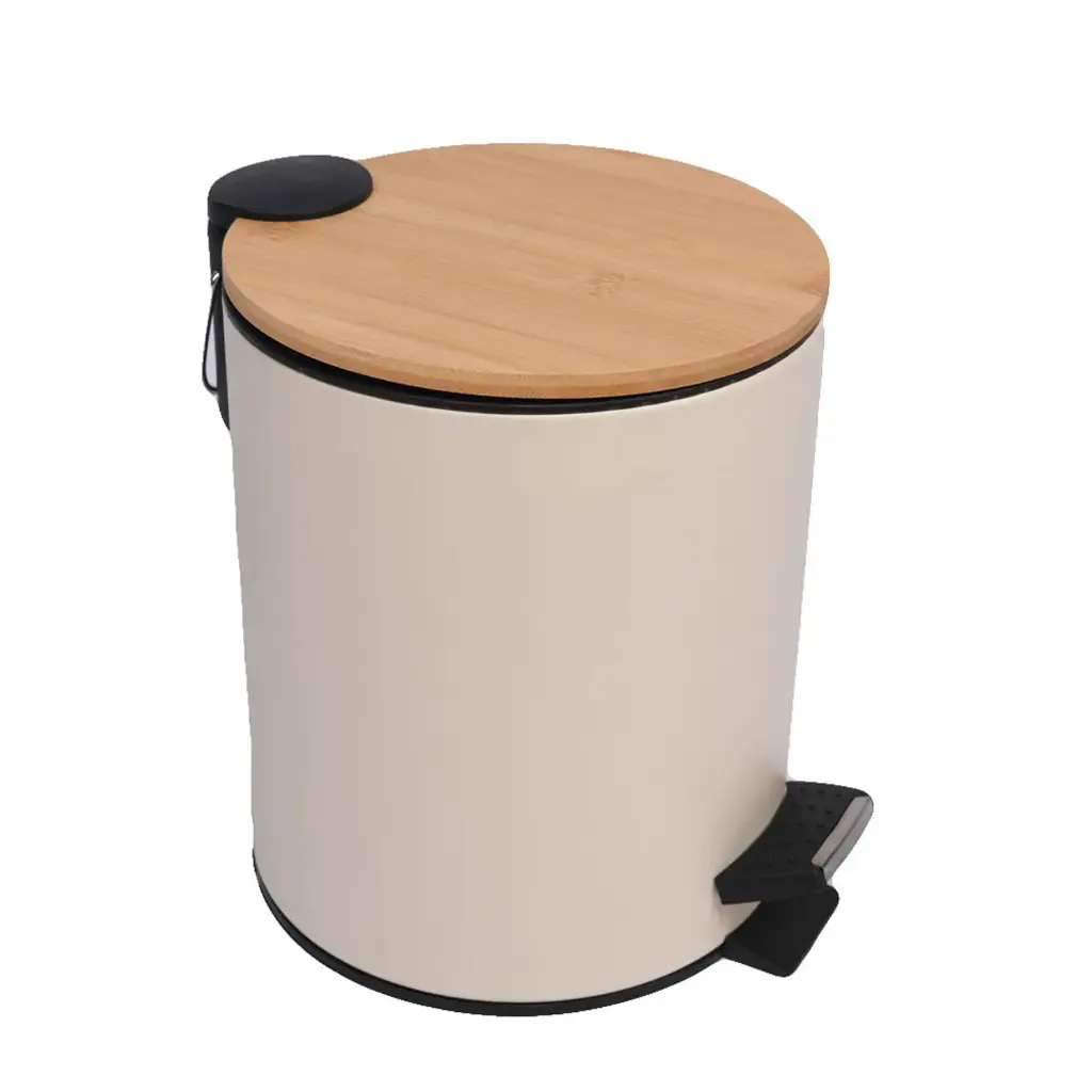 360 HOME IRON TRSH CAN CYLINDRICAL WITH LID BAMBOO 17x22.3cm,670g APRICOT COLOR