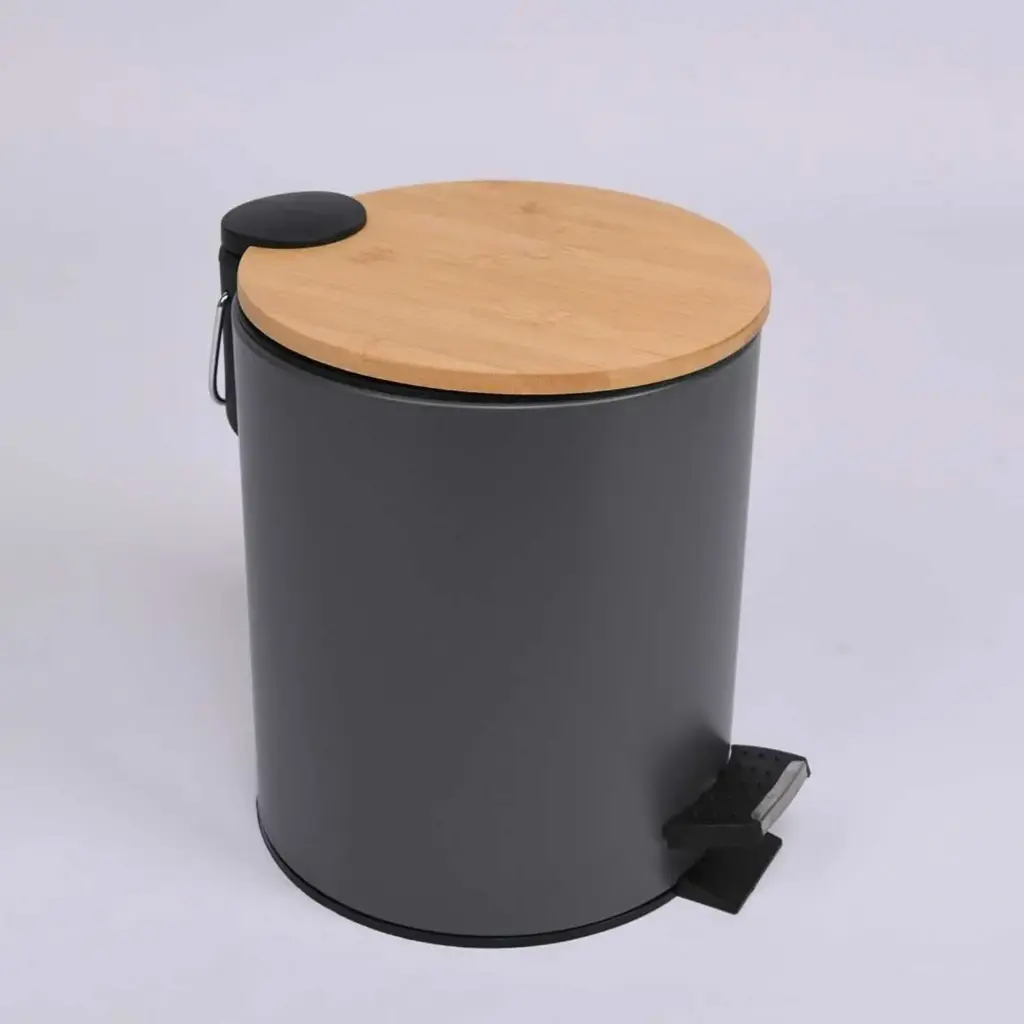 360 HOME IRON TRASH CAN CYLINDRICAL WITH LID BAMBOO 17x22.3cm,670g GREY PAINTED