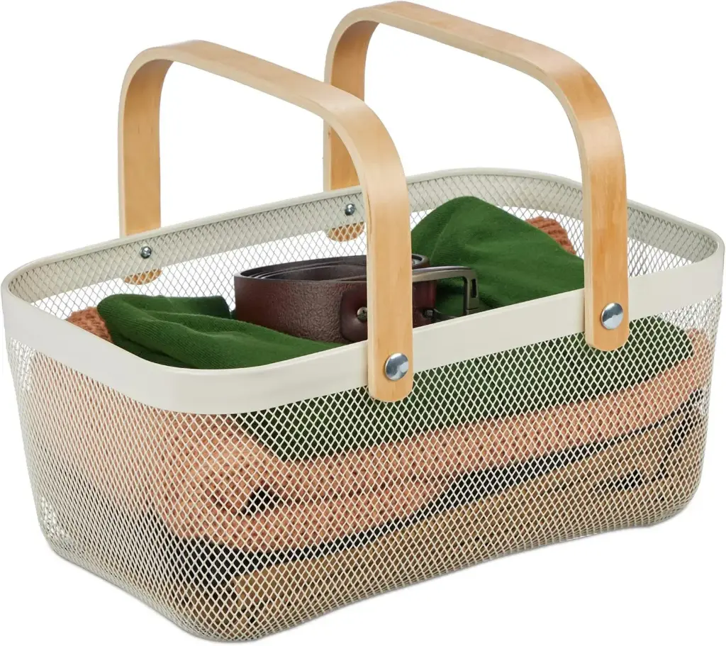 360 HOME IRON STORAGE BASKET LIGHT GOLD 40×24.5×18.5 DOUBLE HAND BAMBOO