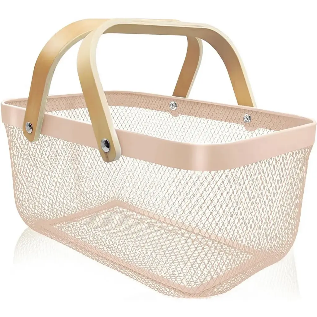 360 HOME IRON STORAGE BASKET PINK GOLD 40×24.5×18.5 DOUBLE HAND BAMBOO 