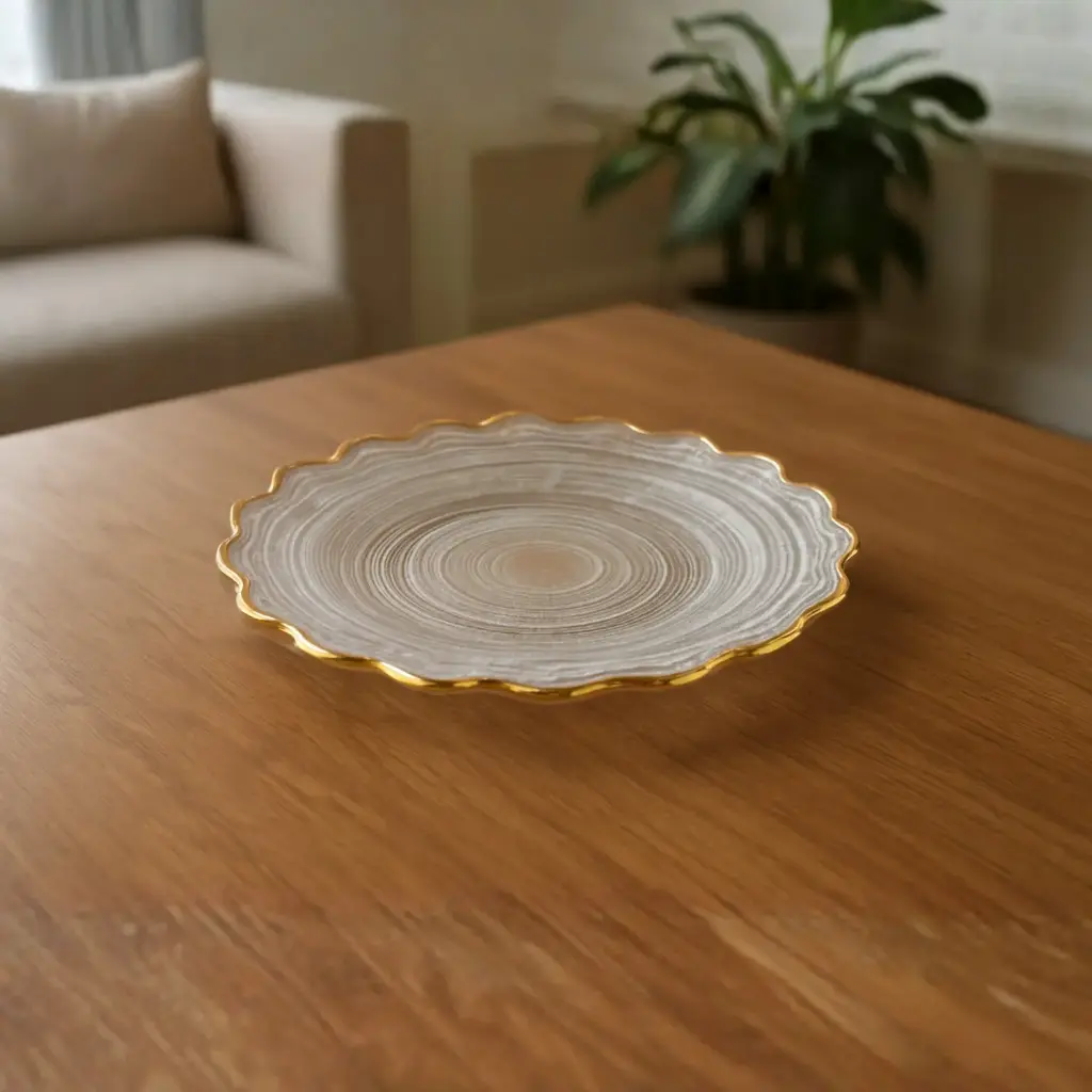 360 HOME GLASS PLACEMAT ELECTROPLATED WAVY GOLD EDGE WHITE SAND 33CM
