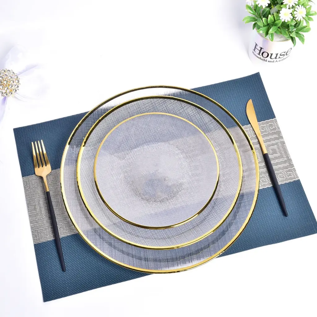 360 HOME GLASS PLACEMAT STRIPED GOLD ELECTROPLATE EDGE 33CM