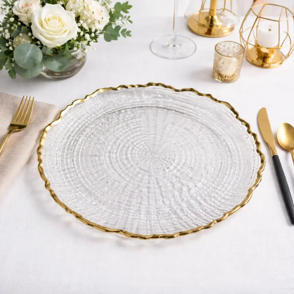 360 HOME GLASS PLACEMAT FLOWER  STRIPED SHAPE BOLD GOLD ELECTROPLATE EDGE 33CM