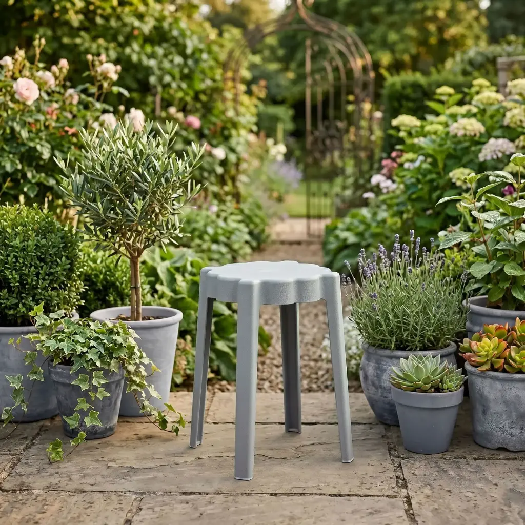 360 HOME STOOL STACKABLE PLASTIC POLYPROPILENE FLOWER-PETAL TOP DESIGN GREY