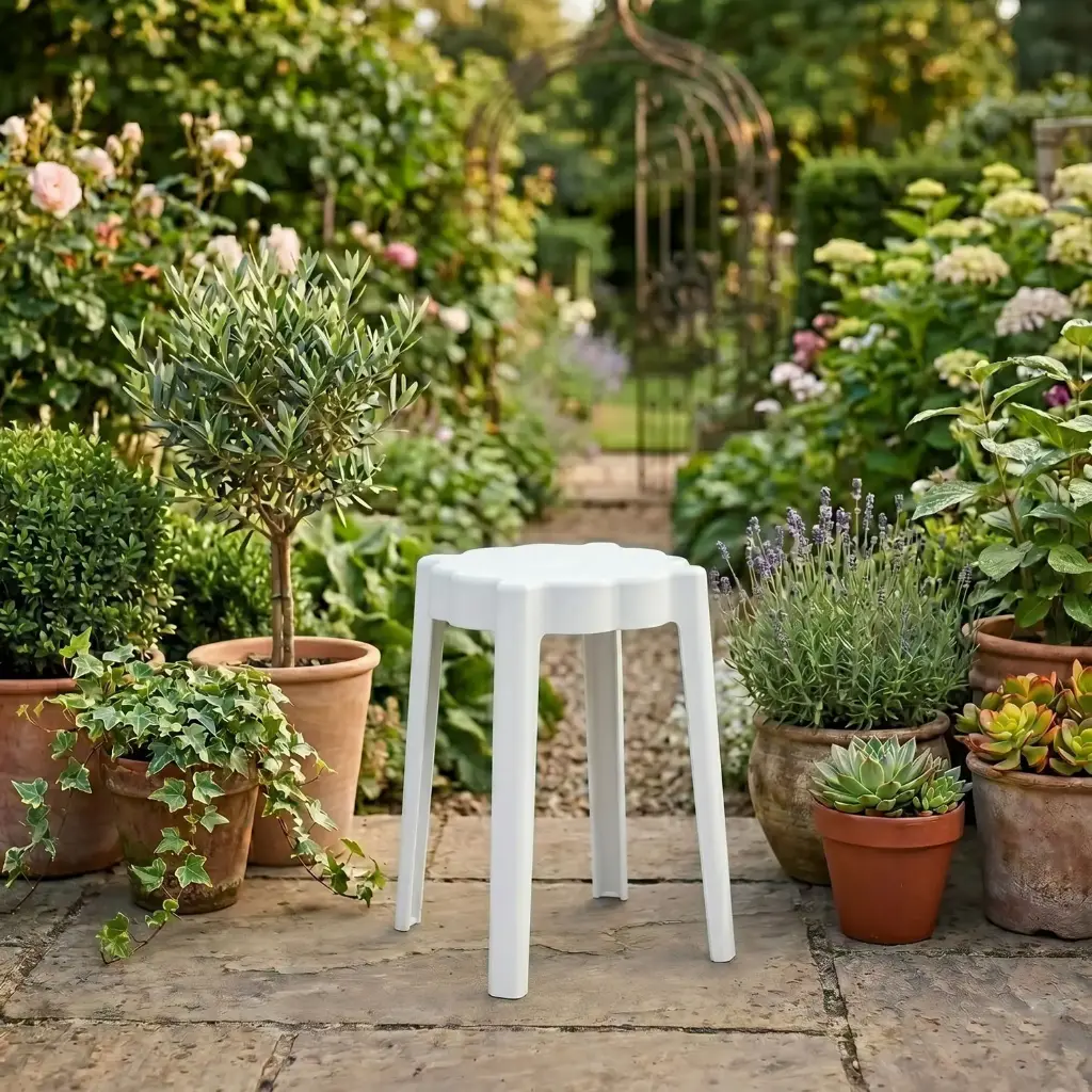 360 HOME STOOL STACKABLE PLASTIC POLYPROPILENE FLOWER-PETAL TOP DESIGN WHITE