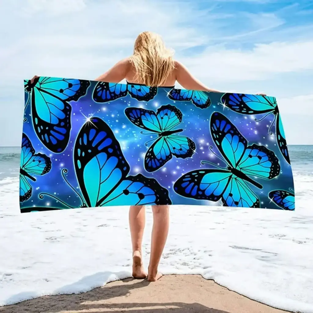 360 HOME BEACH TOWEL BUTTERFLY PATTERN 100% POLYESTER 230GSM 70x140 BLUE AND PURPLE