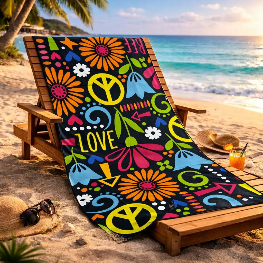 360 HOME BEACH TOWEL PEACE LOVE AND FLOWER PATTERN 100% POLYESTER 230GSM 70x140 MULTICOLOR 