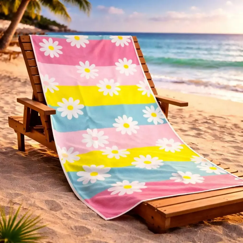 360 HOME BEACH TOWEL WHITE FLOWERS AND STRIPES PATTERN 100% POLYESTER 230GSM 70x140 LIGHT COLORS 