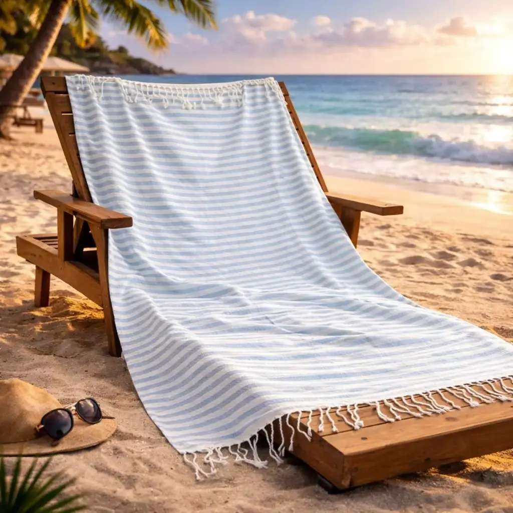 360 HOME BEACH TOWEL PLAIN BOHEMIAN THIN STRIPES 50% POLYESTER 50% COTTON 200GSM 100x180 LIGHT BLUE