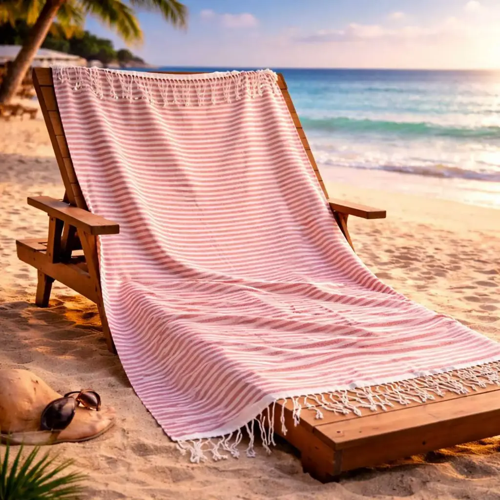 360 HOME BEACH TOWEL PLAIN BOHEMIAN THIN STRIPES 50% POLYESTER 50% COTTON 200GSM 100x180 LIGHT RED