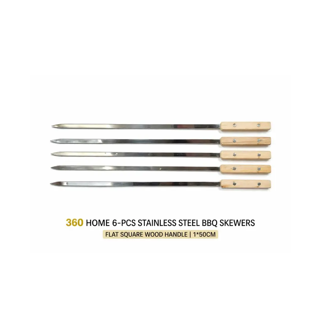 360 HOME 6-PCS STAINLESS STEEL BBQ SKEWERS FLAT SQUARE WOOD HANDLE 1*50CM