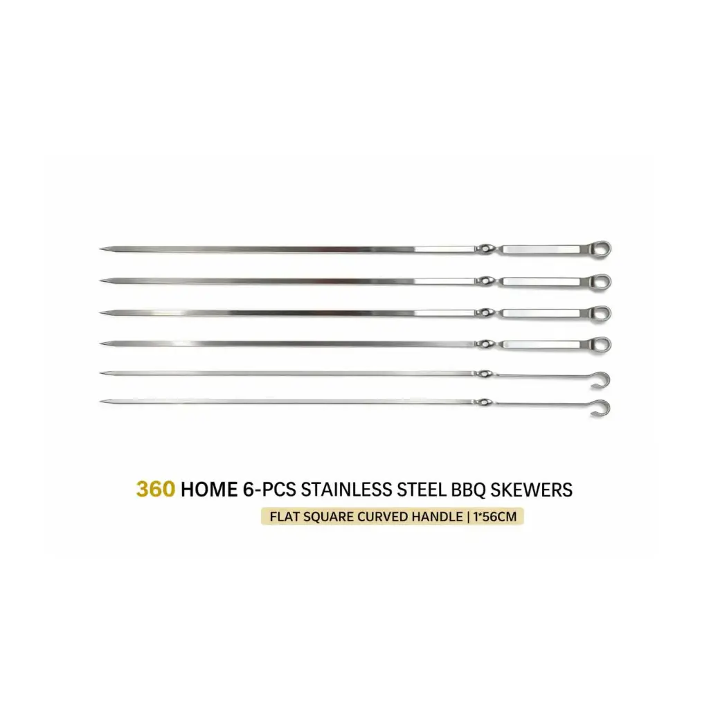 360 HOME 6-PCS STAINLESS STEEL BBQ SKEWERS FLAT SQUARE CURVED HANDLE 1*56CM