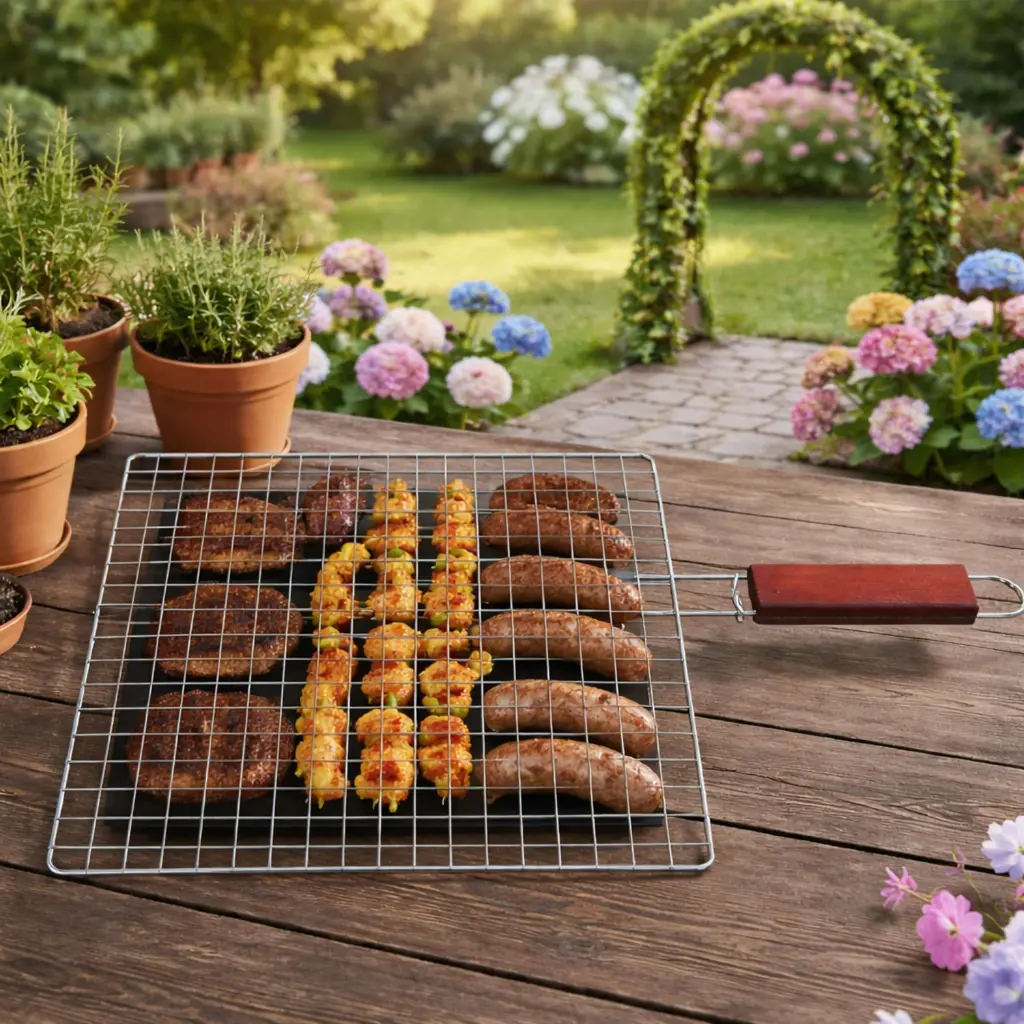 360 HOME STAINLESS STEEL BBQ FLAT GRILL BASKET WOOD HANDLE 35*26*50CM