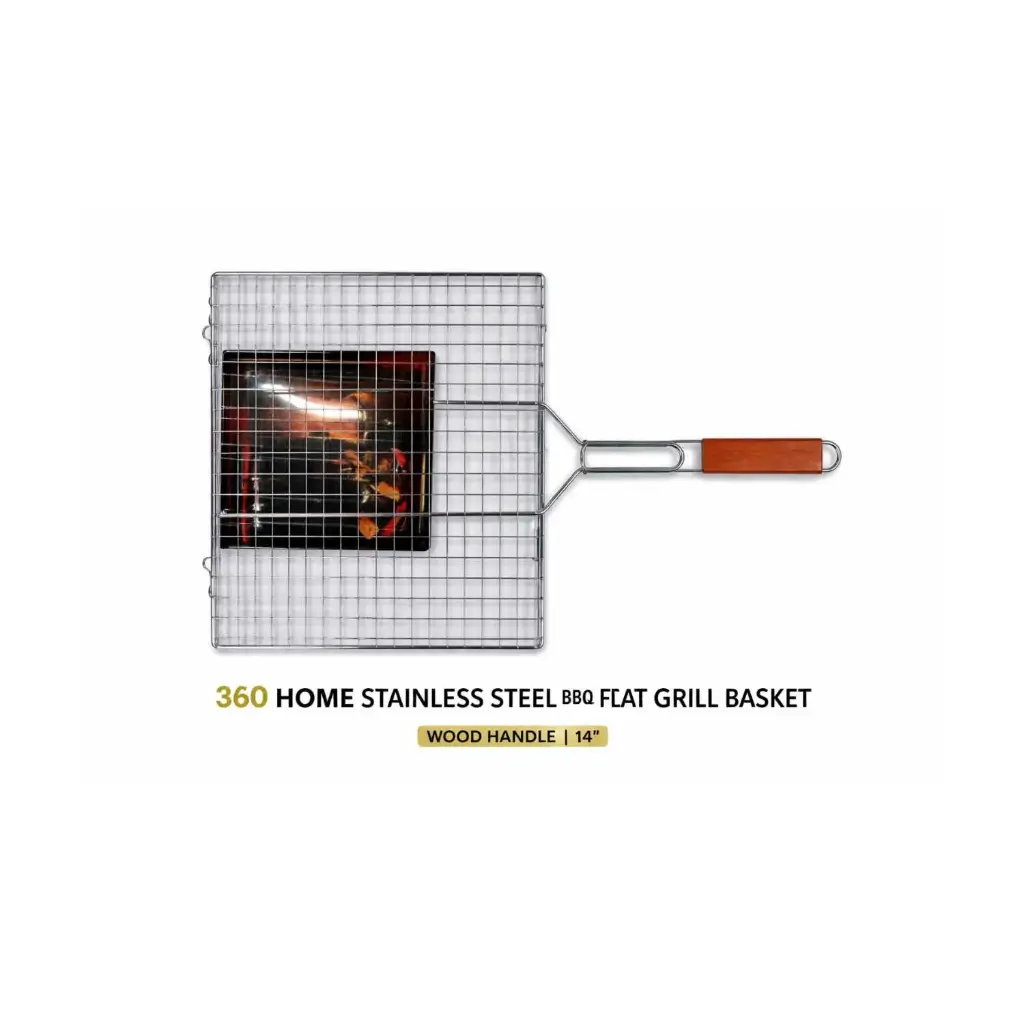 360 HOME STAINLESS STEEL BBQ FLAT GRILL BASKET WOOD HANDLE 14''