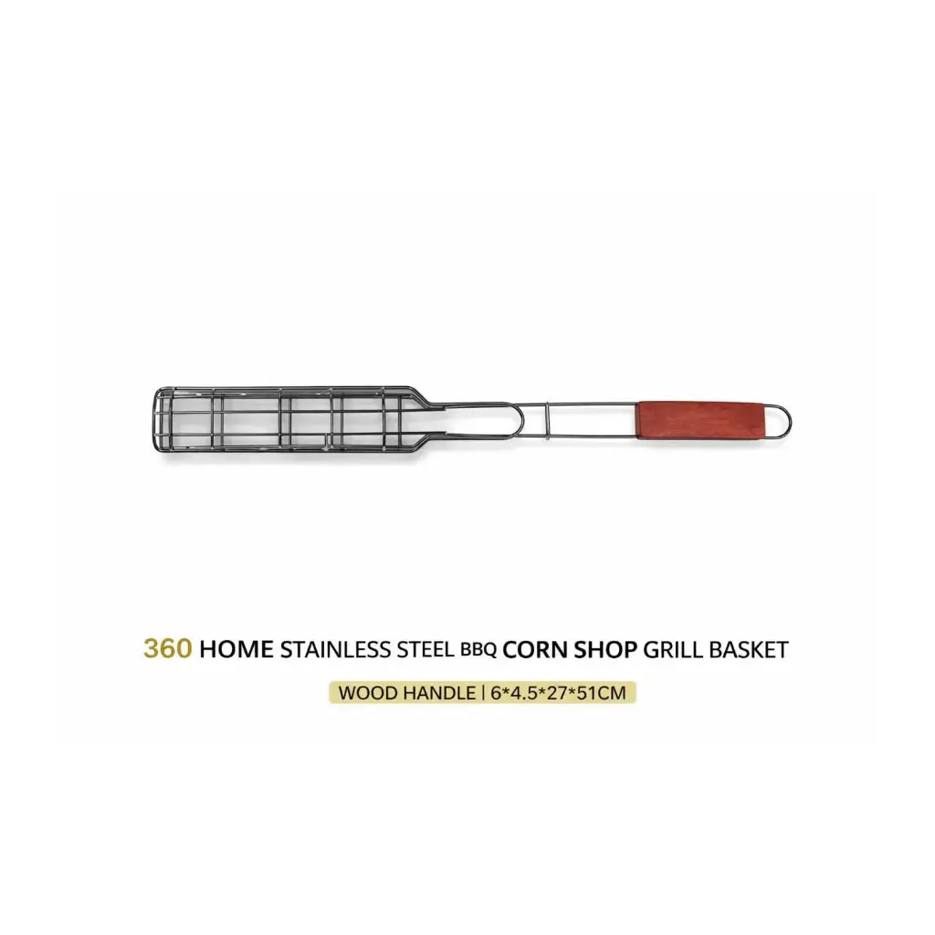 360 HOME STAINLESS STEEL BBQ CORN SHOP GRILL BASKET WOOD HANDLE 6*4.5*27*51CM