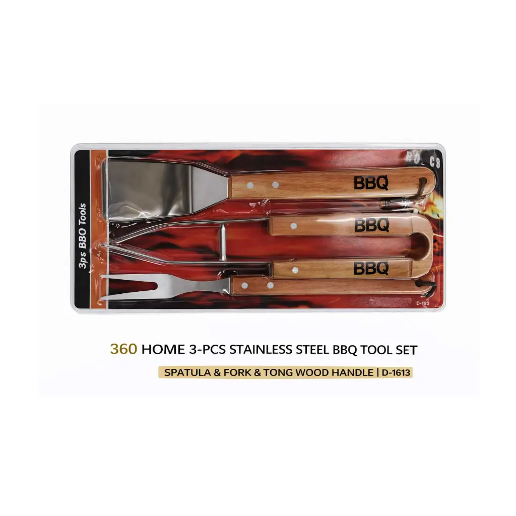 360 HOME 3-PCS STAINLESS STEEL BBQ TOOL SET SPATULA & FORK & TONG WOOD HANDLE D-1613
