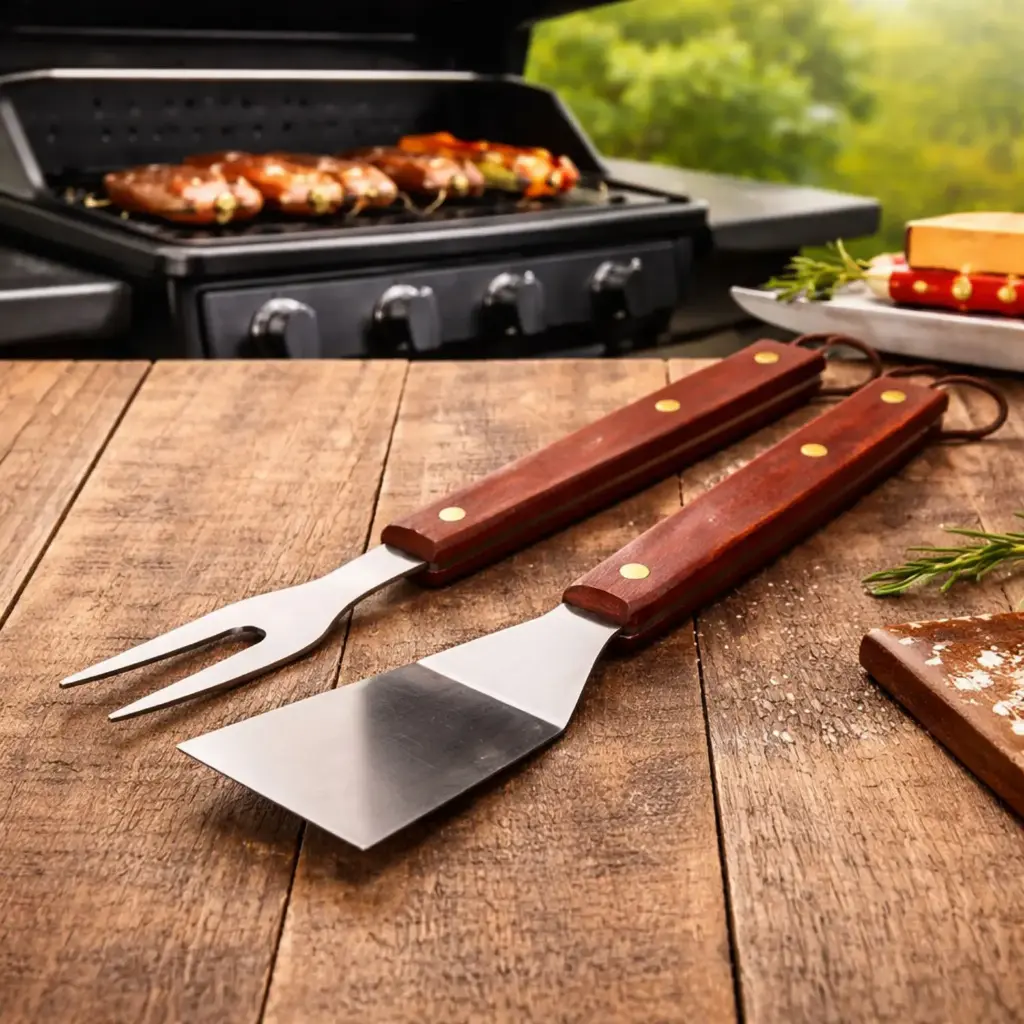 360 HOME 2-PCS STAINLESS STEEL BBQ TOOL SET SPATULA & FORK WOOD HANDLE 