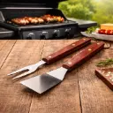 360 HOME 2-PCS STAINLESS STEEL BBQ TOOL SET SPATULA & FORK WOOD HANDLE 
