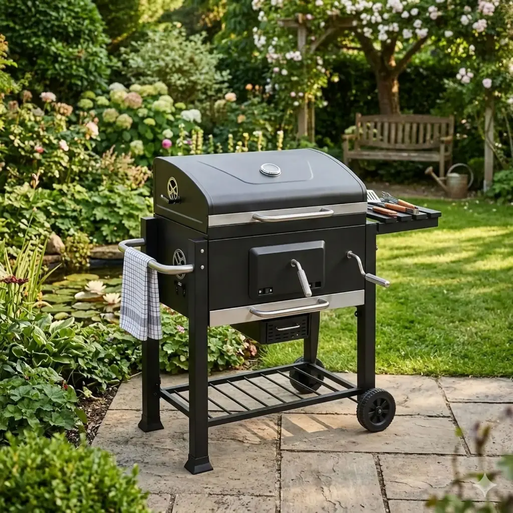 360 HOME PORTABLE CHARCOAL BBQ GRILL TROLLEY SMOKER COVER WITH WHEELS LOWER RACK AND THERMOMETER 61.5*46*47.5*38*100CM BLACK