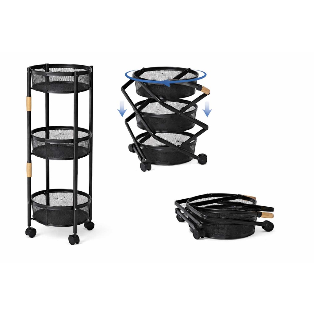 360 HOME 3-TIER IRON ROUND FOLDABLE TROLLEY ROTATING STORAGE RACK WITH WHEELS  85*32*32 BLACK